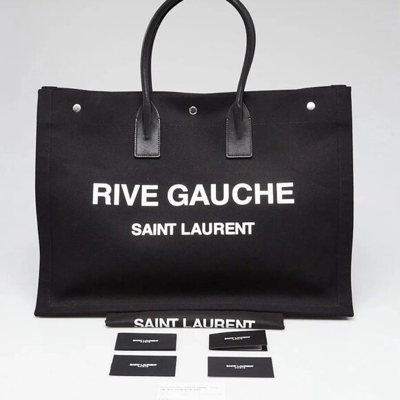 Yves Saint Laurent Black Linen And Leather Rive Gauche Tote Bag - Picture 6 of 10